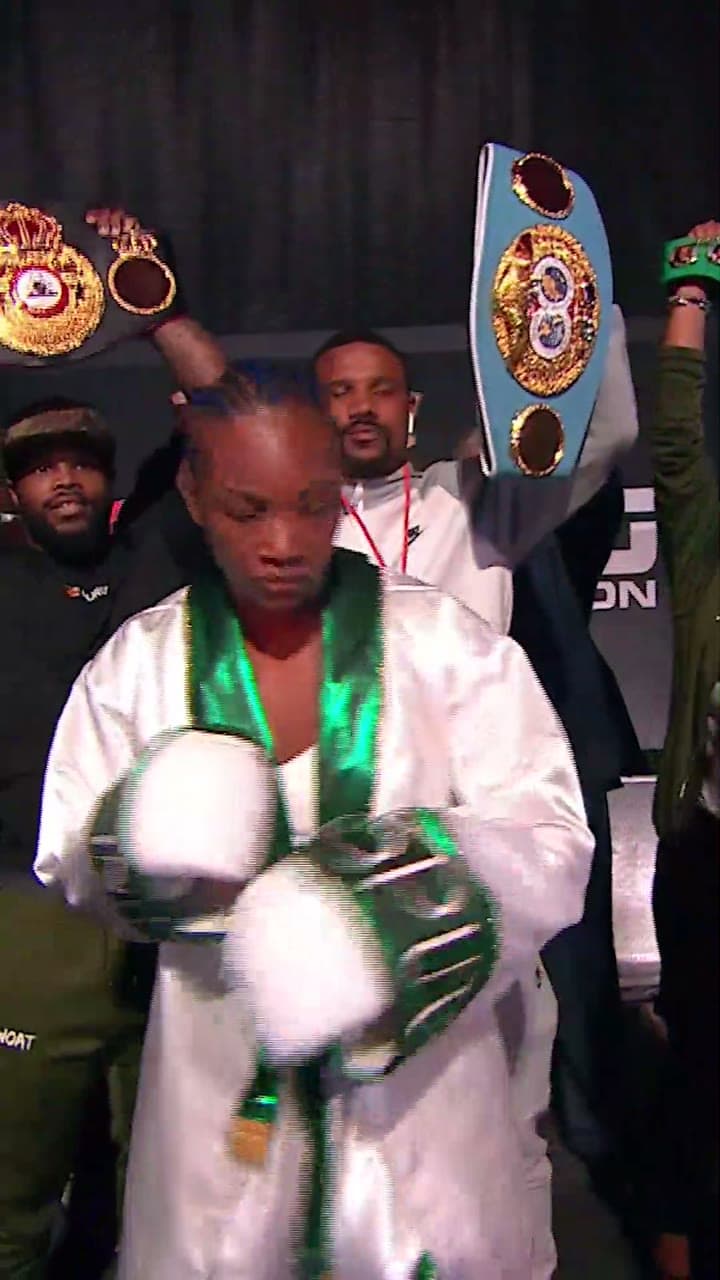 Boxing event creative featuring a fighter entering with championship belts